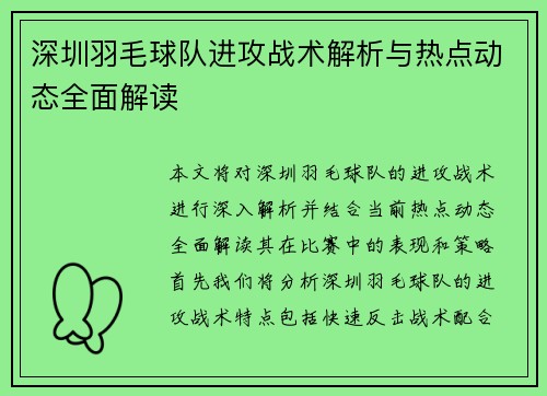 深圳羽毛球队进攻战术解析与热点动态全面解读